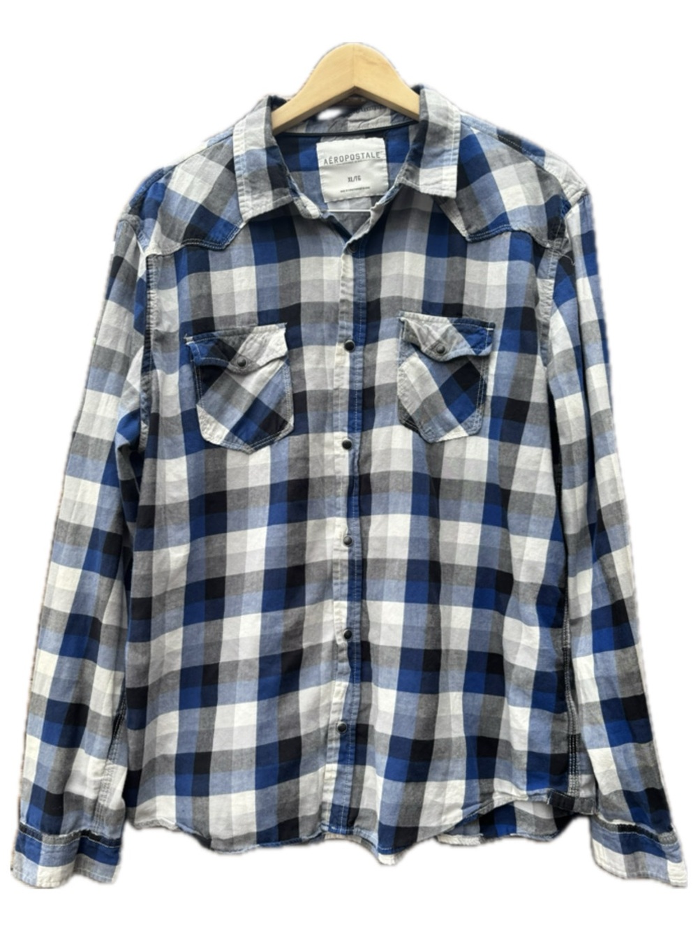 Aeropostale Mens XL Blue, White & Black Plaid Button-Down Shirt Snap Closure Y2K